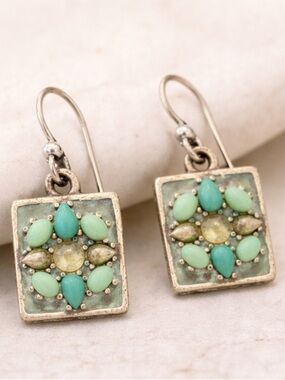 Vintage Turquoise Mosaic Drop Earrings Square Boho Artisan